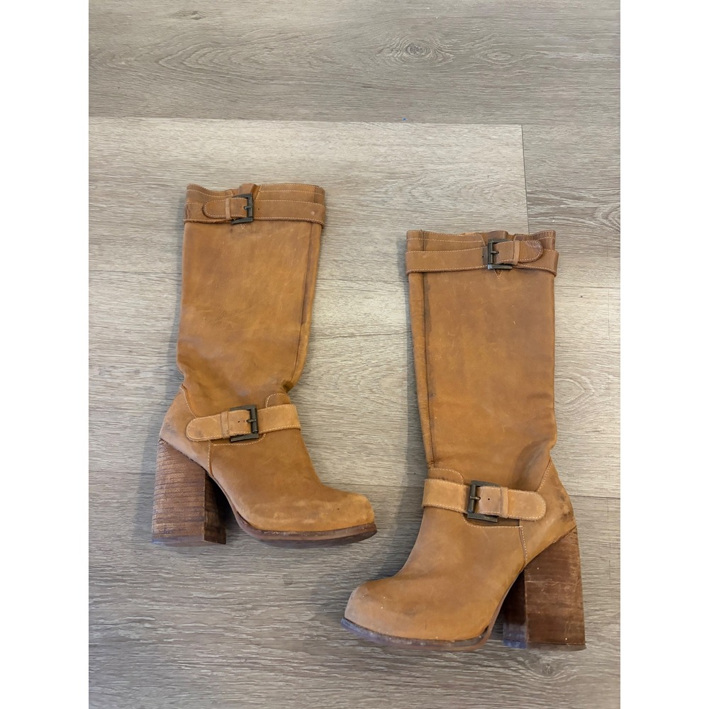 Jeffrey Campbell Havana Last Tan Leather Buckle Moto Tall Block Heel Boots 36